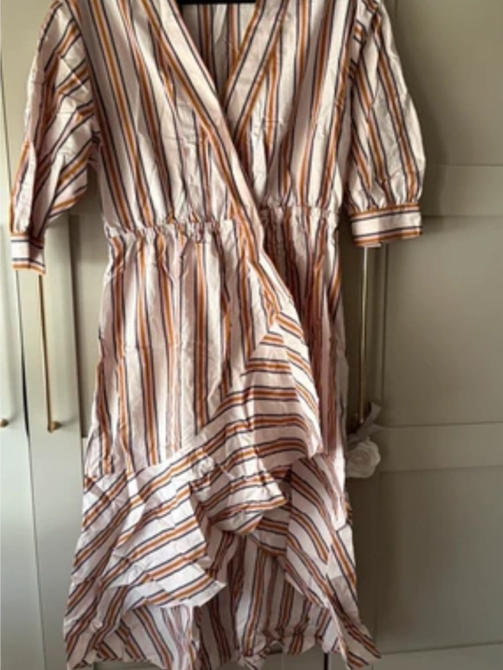 ba&sh Striped Summer Midi Dress in White and Rust